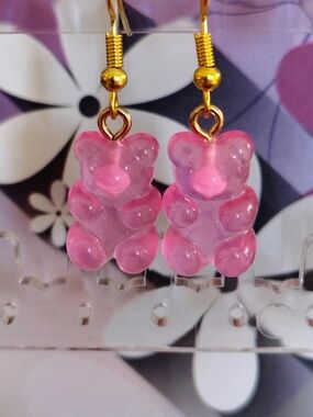 Handmade Pink Gummy Bear Earrings Resin Dangle Cute Kawaii Candy 3D Jewelry Y2K